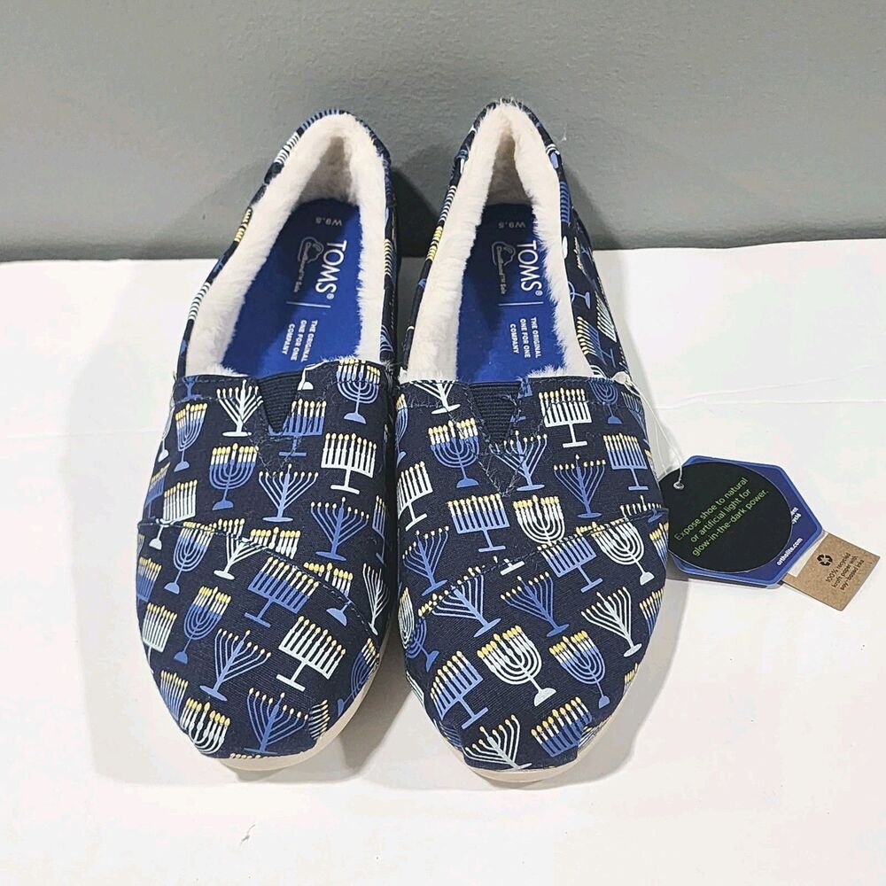 Toms Alpargata Navy Menorah Hanukkah Glow In Dark Faux Fur Lined Flats Szs 9.5-7